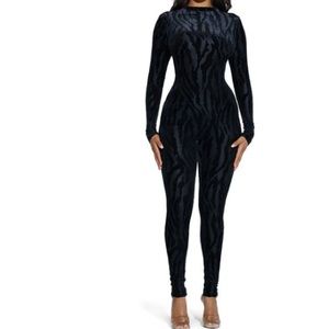 Naked Wardrobe Black Tiger Print Long Sleeve Velvet Catsuit